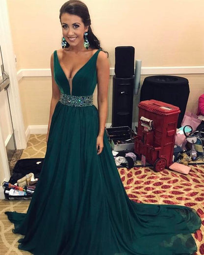 Vestidos de fiesta de gasa con escote en V profundo y cola larga, con fajas de cuentas y vestidos de noche