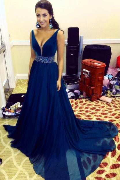 Vestidos de fiesta de gasa con escote en V profundo y cola larga, con fajas de cuentas y vestidos de noche