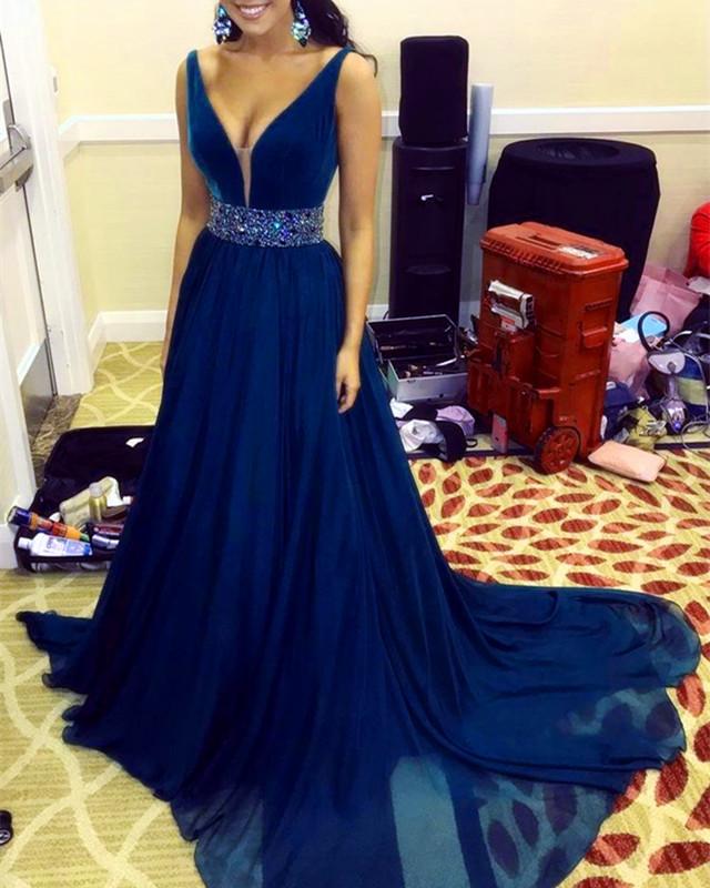Vestidos de fiesta de gasa con escote en V profundo y cola larga, con fajas de cuentas y vestidos de noche