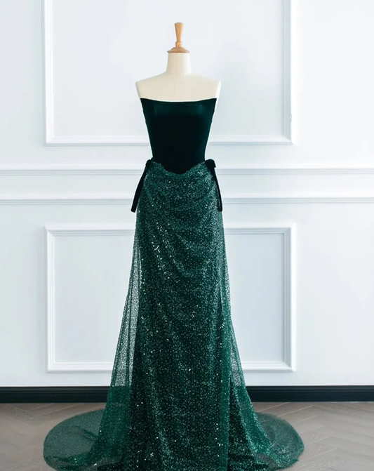 Green A Line Strapless Velvet Sequin Long Sweep Prom Dress Graduation Prom Dress SH2492
