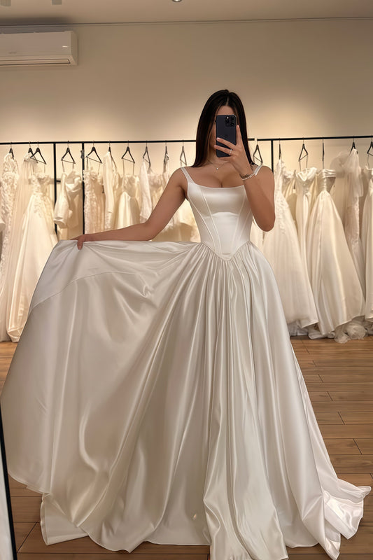 Ivory A-line Satin Wedding Dresses, Square Neck Bridal Gown,AST1785