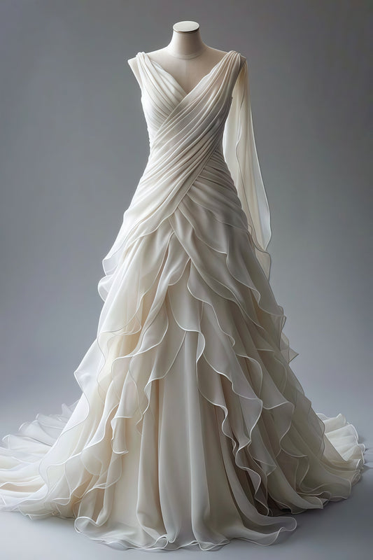 Ivory Pleated Organza V-Neck Wedding Gown,Vintage Party Dress,AST1759