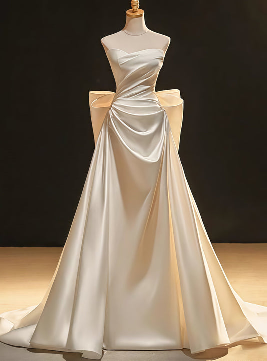 Ivory Sleeveless A-Line Wedding Dresses, High Quality Satin Bridal Gown With Bowknot,AST1784