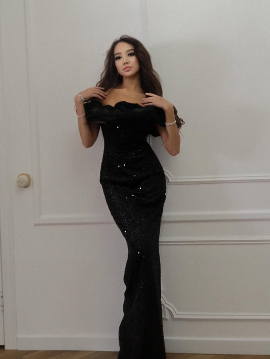 Sexy Black Sheath Off the Shoulder Sequin Prom Dress Formal Dress Party Dress SH3748