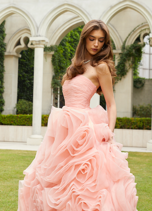 Elegant Light Pink Strapless Flower Tulle Long Ball Gown Prom Dress SH1833