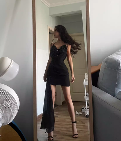 Sexy Sheath Straps Butterfly Sequin Black Chiffon Short Homecoming Dress Cocktail Dress SH3114