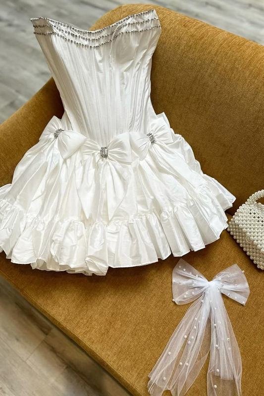 White Strapless Satin Beaded Short Homecoming Dress Cocktail Dress With Bow S398