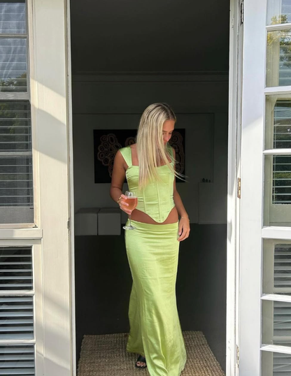 Green Sheath Straps Two Piece Corset Satin Prom Dress Evening Dress SH1968