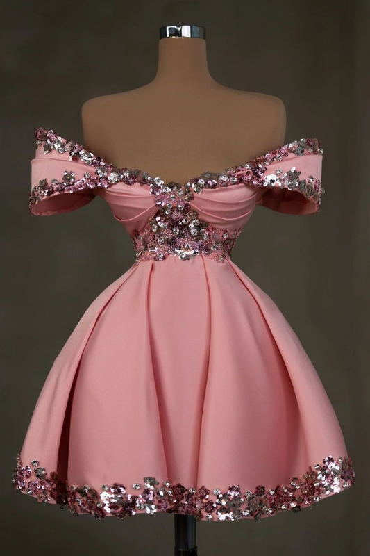 Gorgeous A-Line Off-Shoulder Satin Sequins Beaded Homecoming Dress Pink Short Cocktail Dress S851