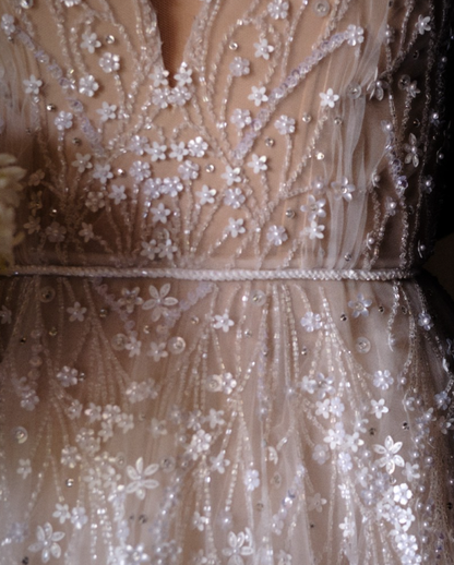 2025 New A Line Spaghetti Strap Beaded Tulle Long Sweep Wedding Dress SH2240