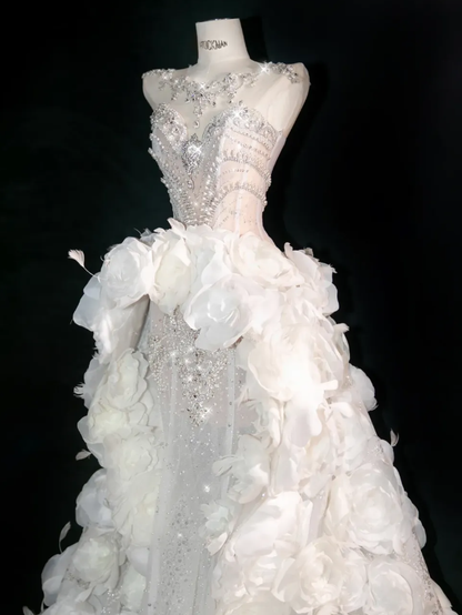 3D Flower White A Line Sweetheart Neck Rhinestone Tulle Long Prom Dress SH3247