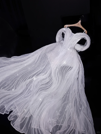 Flowy Gentle A Line Off the Shoulder White Tulle Long Prom Dress Party Dress SH3491