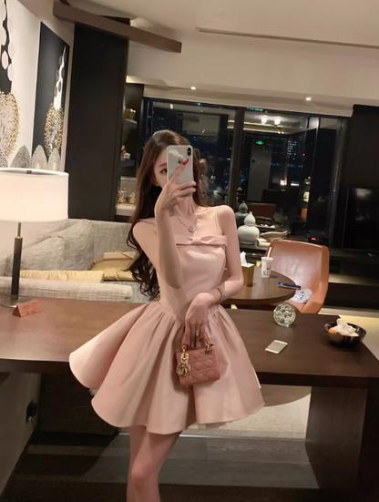 Pink Bow A Line Spaghetti Strap Satin Short Homecoming Dress Cocktail Dress SH3384