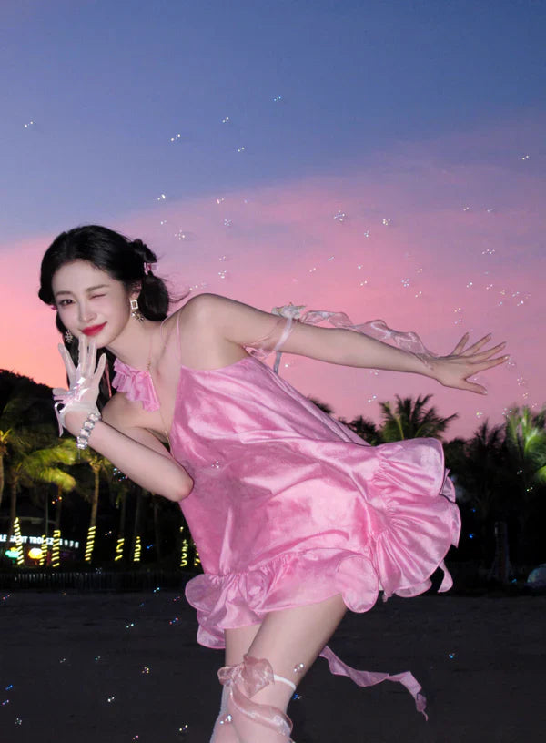 Vestido de fiesta corto de satén rosa con volantes, corte A, vestido de cóctel, vestido de bienvenida TP4429