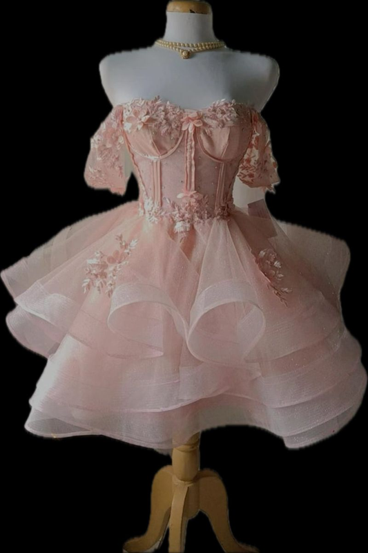 Cute Off The Shoulder Pink Tulle Appliques 18th Birthday Dress A Line Short Prom Dress Homecoming Dress S871