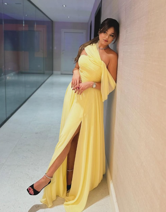 Elegant A Line Off the Shoulder Yellow Chiffon Long Prom Dress Birthday Dress with Slit SH2074