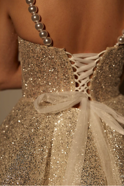 Glitter Champagne Sequin A Line Homecoming Dress Cocktail Dress Spaghetti Straps Short Birthday Dress S682