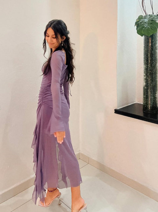 Grape Purple A Line Long Sleeve Ruffle Tulle Homecoming Dress Date Dress Outfits SH3631