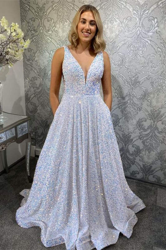 Vestido de fiesta largo con escote en V y purpurina, corte A, brillante, con bolsillos, para gala.