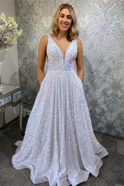 Vestido de fiesta largo con escote en V y purpurina, corte A, brillante, con bolsillos, para gala.