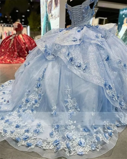 Light Blue Sparkly Off The Shoulder Appliques Prom Dress Quinceañera Dress Sweet 16 Prom Dress Ball Gown SH1136
