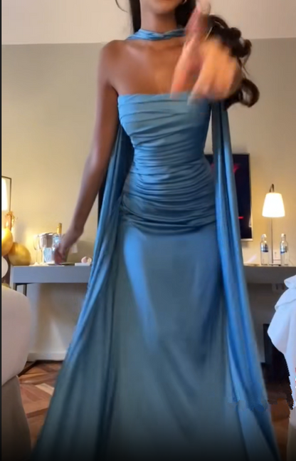 Vestido de fiesta azul sin tirantes, largo, para noche