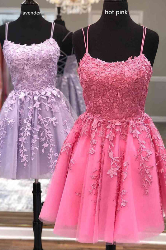 Vestido de fiesta corto de corte A con apliques de encaje, vestidos semiformales