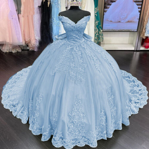 Vestidos de quinceañera dorados con hombros descubiertos y encaje de princesa, apliques con lazo