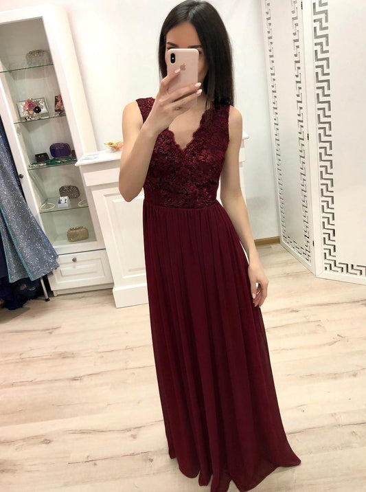 Lace Chiffon V-neck Long Prom Dress, Burgundy Bridesmaid Dress MP728
