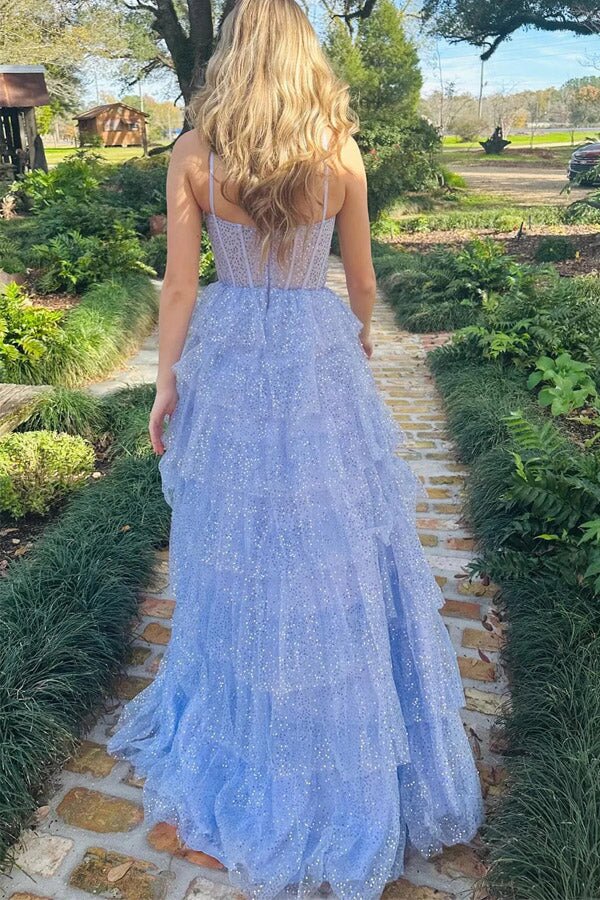 Lavender Sequin Tiered Tulle Long Prom Dress Princess Formal Dress GP678