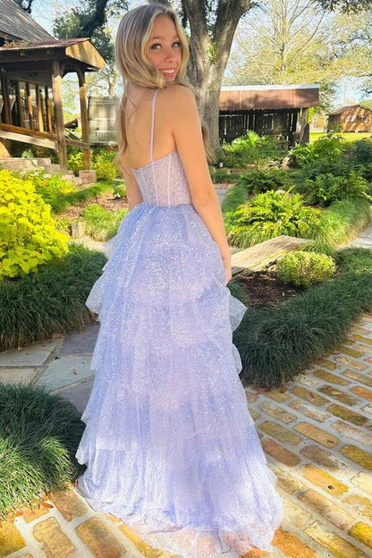 Lavender Sequin Tiered Tulle Long Prom Dress Princess Formal Dress GP678