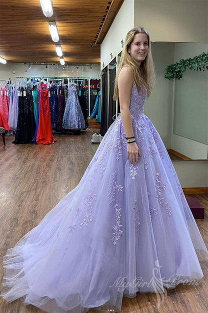 Lavender Tulle Lace Appliques Long Prom Dress, Stunning Long Graduation Dress GP504