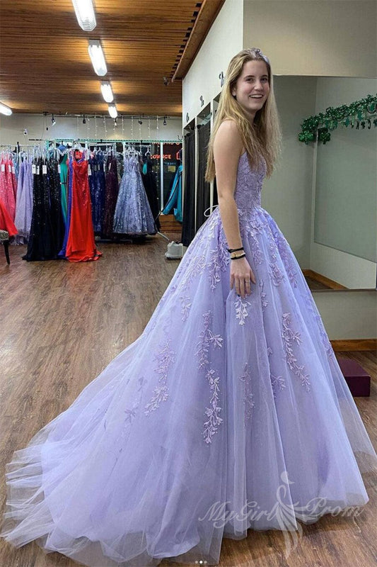 Lavender Tulle Lace Appliques Long Prom Dress, Stunning Long Graduation Dress GP504