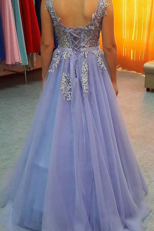 Lavender Tulle Long Prom Dress V-Neck Appliqued Formal Gown MP711