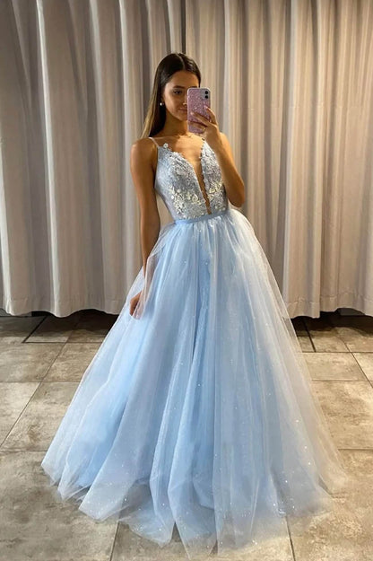 Vestidos de fiesta con apliques azul claro y cola desmontable, elegante vestido formal de tul.
