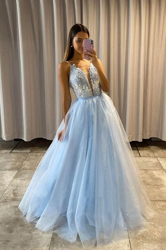 Vestidos de fiesta con apliques azul claro y cola desmontable, elegante vestido formal de tul.