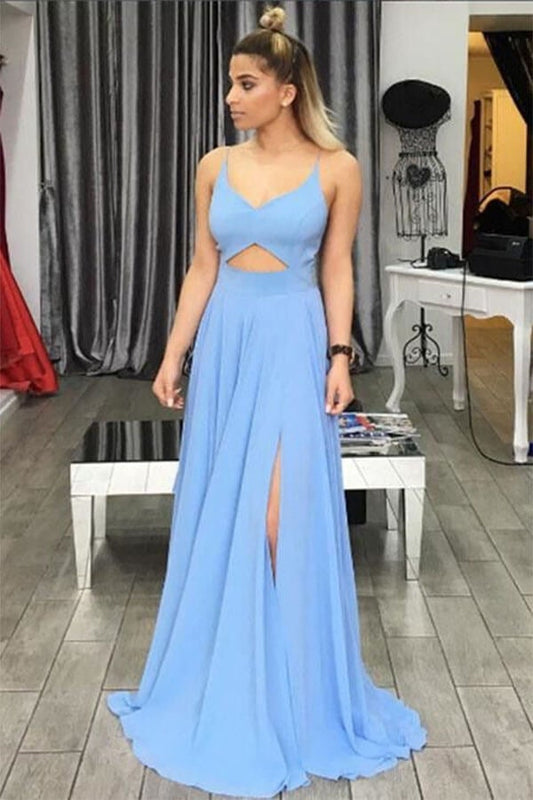 Vestidos de fiesta largos de tirantes finos en azul claro con corte en A y abertura lateral