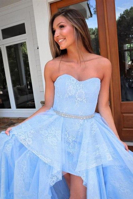 Light Blue Lace High Low Prom Dress, Sweetheart Sweet 16 Dress GP233