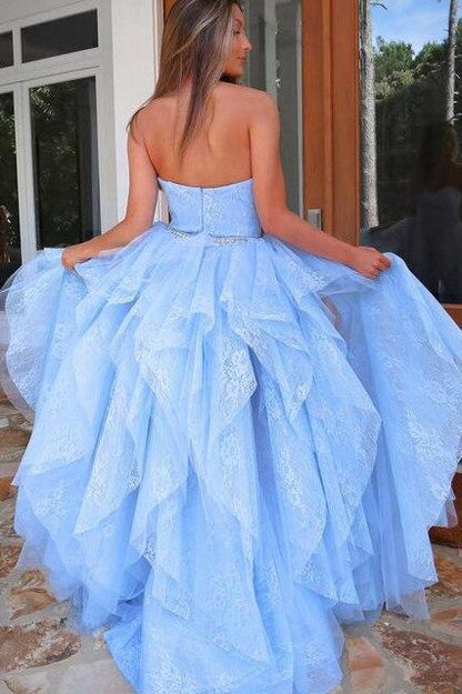 Light Blue Lace High Low Prom Dress, Sweetheart Sweet 16 Dress GP233