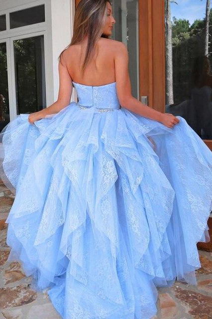 Light Blue Lace High Low Prom Dress, Sweetheart Sweet 16 Dress GP233