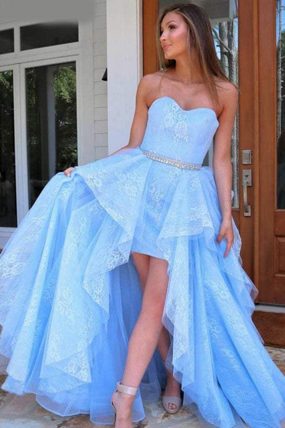 Light Blue Lace High Low Prom Dress, Sweetheart Sweet 16 Dress GP233