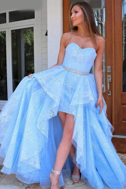 Light Blue Lace High Low Prom Dress, Sweetheart Sweet 16 Dress GP233