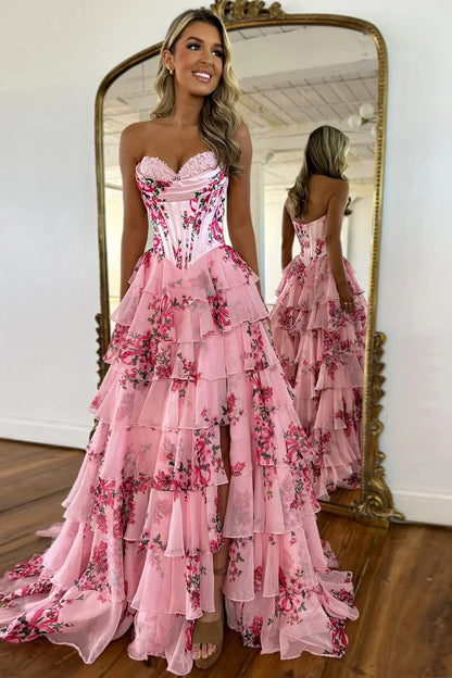 Light Blue Romantic A-Line Sweetheart Long Print Layered Tulle Prom Dress with Slit