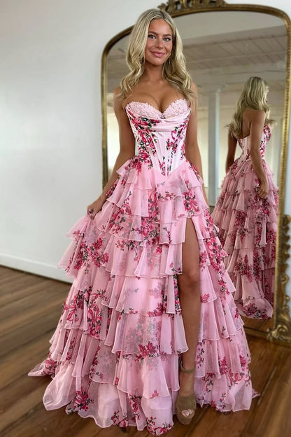 Light Blue Romantic A-Line Sweetheart Long Print Layered Tulle Prom Dress with Slit