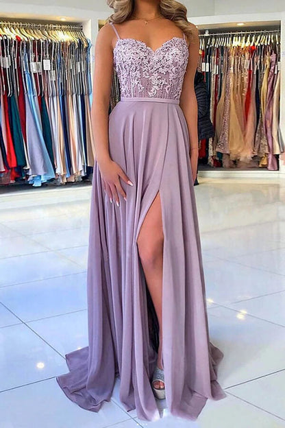 Vestidos de fiesta largos de gasa lila con tirantes finos en forma de A, vestidos de noche, vestidos de gala elegantes 