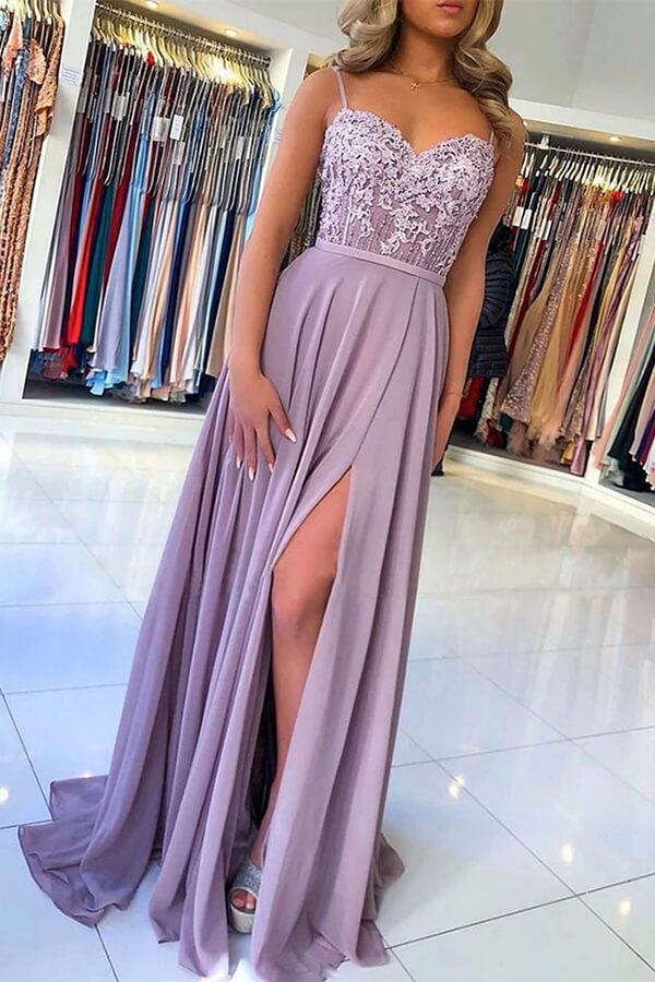 Vestidos de fiesta largos de gasa lila con tirantes finos en forma de A, vestidos de noche, vestidos de gala elegantes 