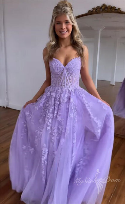 Lilac Lace Tulle Long Prom Dresses Sweetheart Sleeveless Graduation Gown GP496