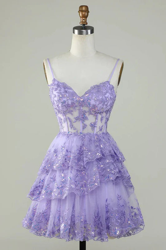 Charming Lilac Lace Sequined Appliqued Design A-line Mini Spaghetti Strap Homecoming Dress TP3605