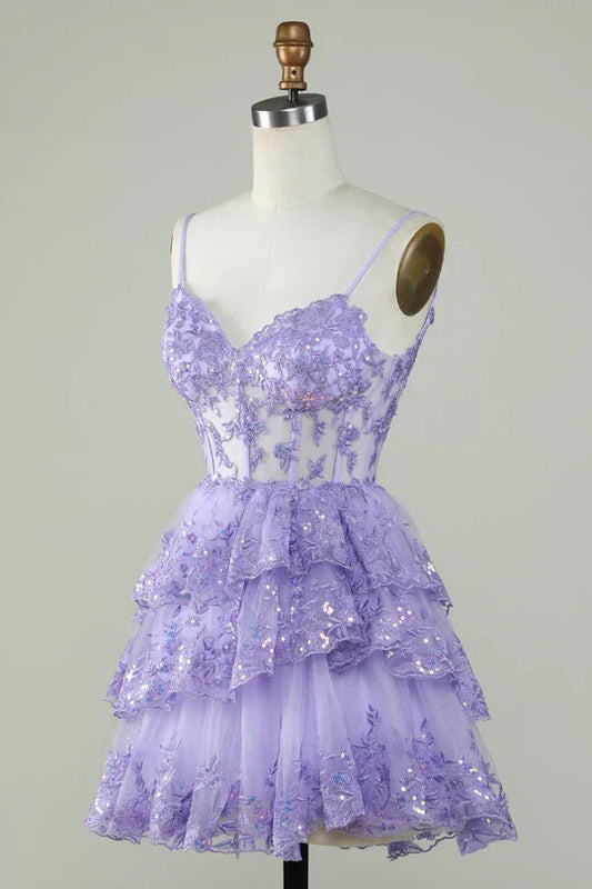 Charming Lilac Lace Sequined Appliqued Design A-line Mini Spaghetti Strap Homecoming Dress TP3605