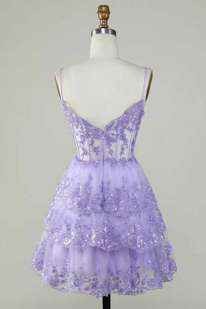 Charming Lilac Lace Sequined Appliqued Design A-line Mini Spaghetti Strap Homecoming Dress TP3605